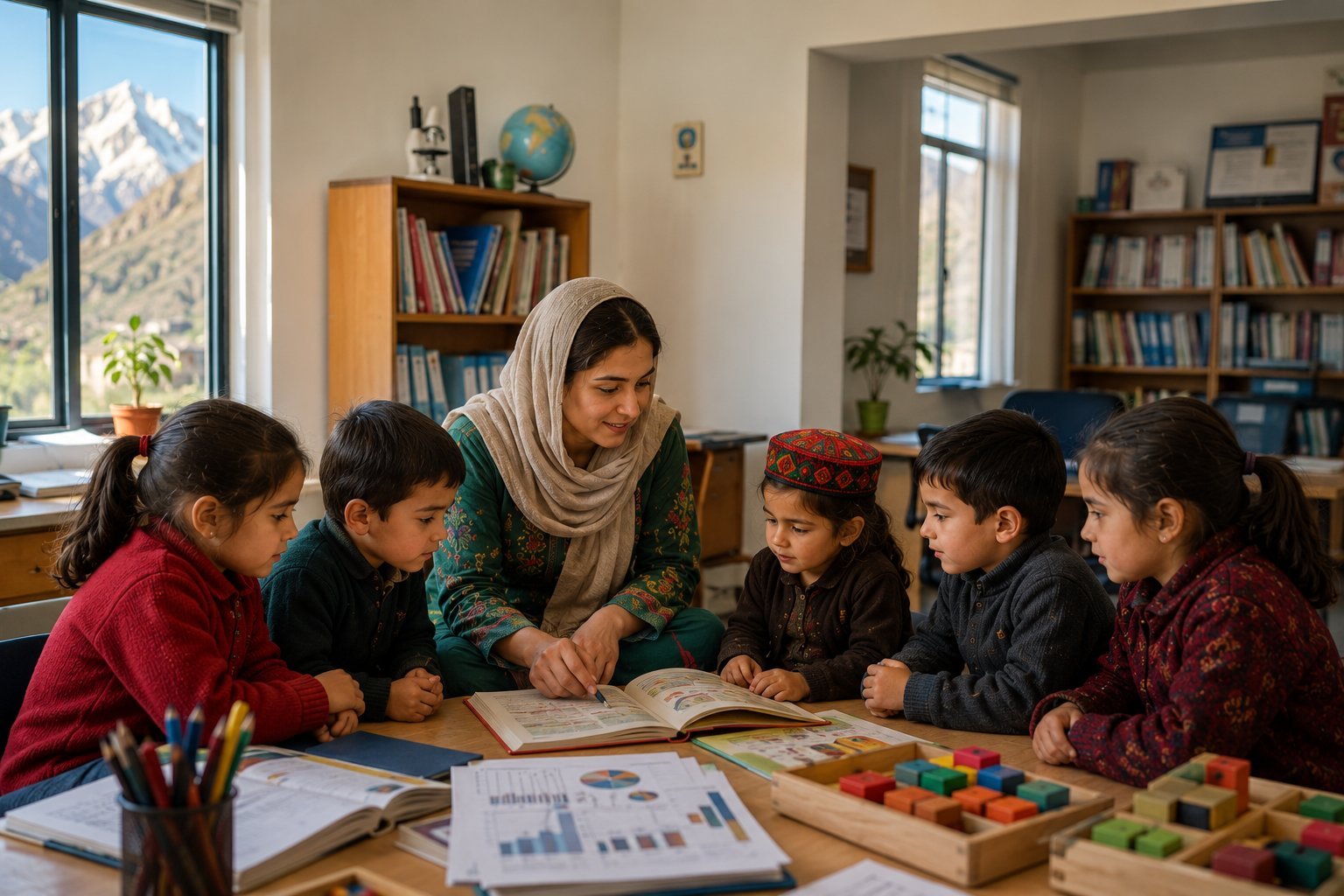 A teacher reads together with her students, Chitral's mountains framed in the window behind them.
