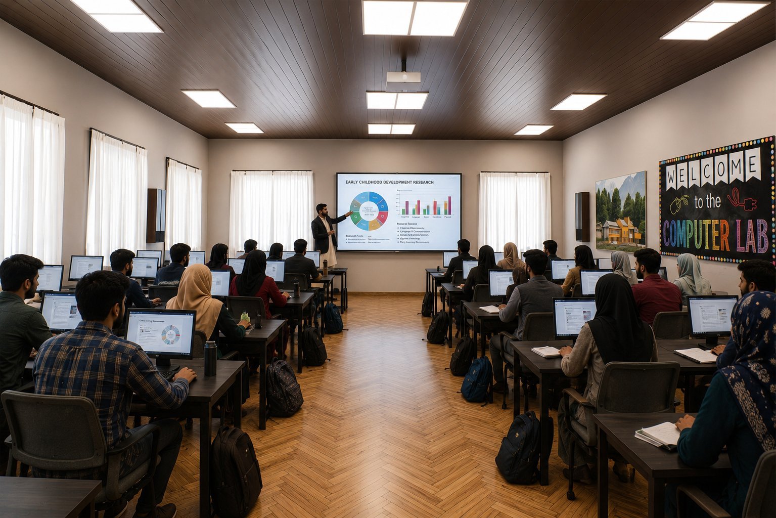 Students follow an Early Childhood Development Research session in the Herzing Center for Skills, Innovation and Entrepreneurship computer lab.