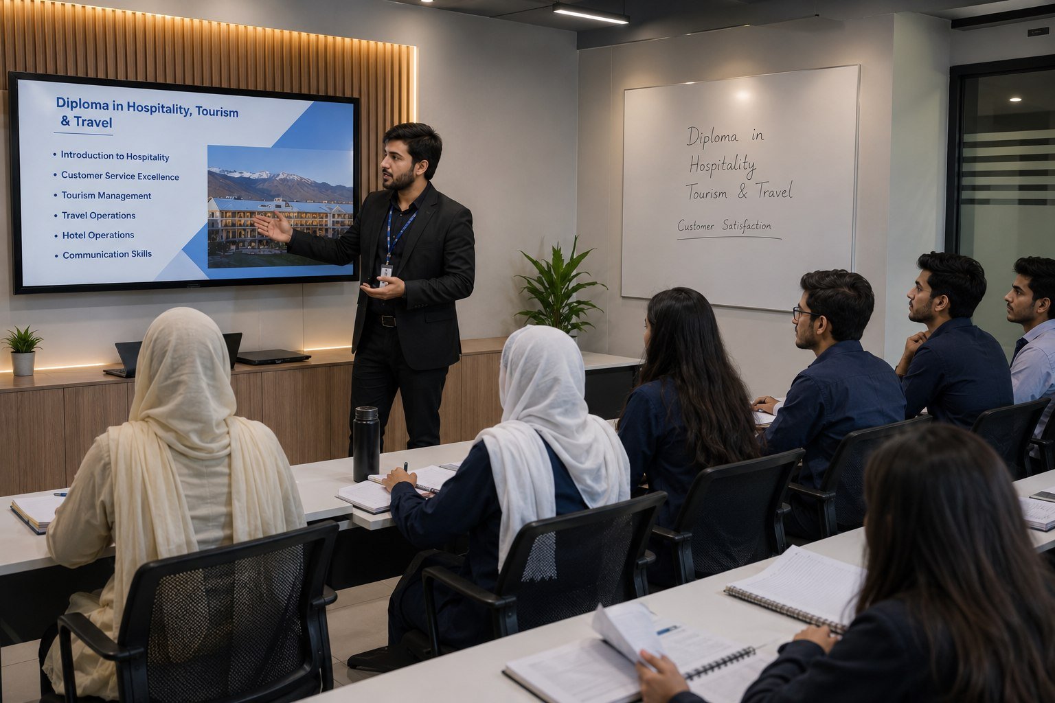 A student presents the Hospitality, Tourism and Travel diploma curriculum to classmates